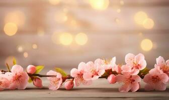 AI generated Blossoming branch of peach on a wooden background with copy space photo