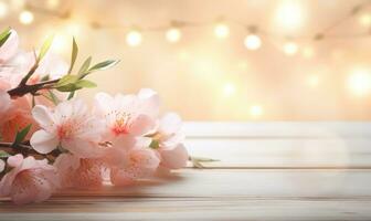 AI generated Blossoming branch of peach on a wooden background with copy space photo