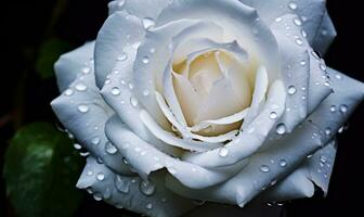 ai generado hermosa blanco Rosa con agua gotas en pétalos de cerca foto