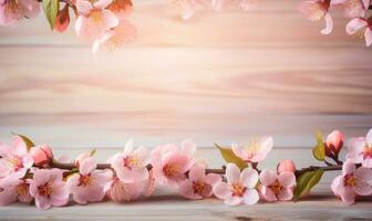 AI generated peach blossom on wooden table with bokeh light background photo