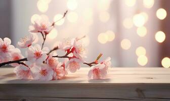 AI generated Blossoming branch of peach on a wooden background with copy space photo