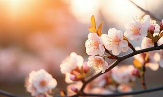 AI generated Blossoming branch of peach in the rays of the setting sun photo