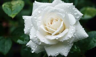 AI generated White rose with water droplets on petals on a black background . Closeup view photo