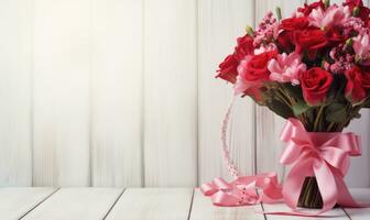 AI generated Bouquet of beautiful flowers in vase on light background, closeup photo