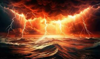 AI generated Fiery thunderstorm over the sea. Thunderstorm and lightning in the night sky. photo