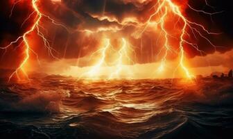 AI generated Fiery thunderstorm over the sea. Thunderstorm and lightning in the night sky. photo