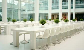 AI generated interior of a modern conference room with white chairs and green plants photo