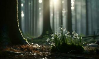 AI generated Beautiful snowdrop flowers growing in forest, closeup. Early spring. Selective focus, bokeh light photo