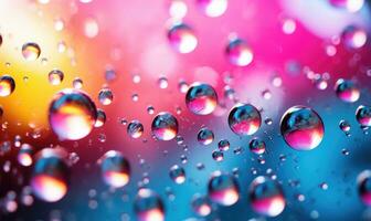 AI generated Water drops on colorful background. Macro shot with shallow depth of field. photo