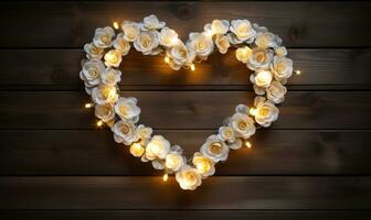 AI generated Heart shape made of white roses and garland lights on wooden background photo