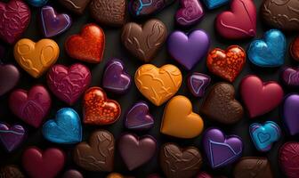 AI generated Valentine's day background with heart-shaped chocolate candies photo