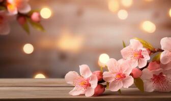 AI generated Blossoming branch of peach on a wooden background with copy space photo