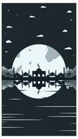 Mosque Silhouette with Mountains and Full Moon in the Background vector