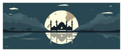 Mosque Silhouette with Mountains and Full Moon in the Background vector