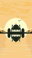 Mosque Silhouette with Mountains and Sunset in the Background vector