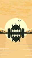 Mosque Silhouette with Mountains and Sunset in the Background vector