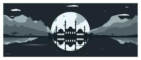 Mosque Silhouette with Mountains and Full Moon in the Background vector