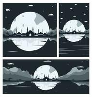 Collection of Mosque Silhouette Backgrounds with Mountains and Full Moon in the Background vector