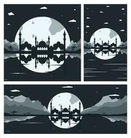 Collection of Mosque Silhouette Backgrounds with Mountains and Full Moon in the Background vector