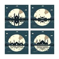 Collection of Mosque Silhouette Backgrounds with Mountains and Full Moon in the Background vector