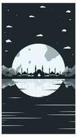 Mosque Silhouette with Mountains and Full Moon in the Background vector