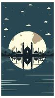 Mosque Silhouette with Mountains and Full Moon in the Background vector