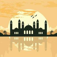 Mosque Silhouette with Mountains and Sunset in the Background vector