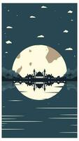 Mosque Silhouette with Mountains and Full Moon in the Background vector