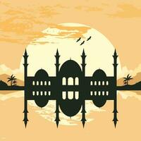 Mosque Silhouette with Mountains and Sunset in the Background vector