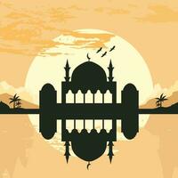 Mosque Silhouette with Mountains and Sunset in the Background vector