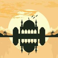 Mosque Silhouette with Mountains and Sunset in the Background vector