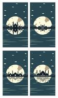 Collection of Mosque Silhouette Backgrounds with Mountains and Full Moon in the Background vector