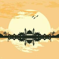 Mosque Silhouette with Mountains and Sunset in the Background vector