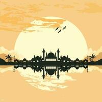 Mosque Silhouette with Mountains and Sunset in the Background vector