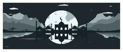 Mosque Silhouette with Mountains and Full Moon in the Background vector