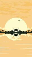 Mosque Silhouette with Mountains and Sunset in the Background vector