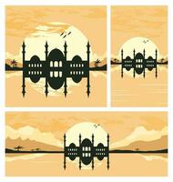 Collection of Mosque Silhouette with Mountains and Sunset in the Background vector