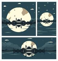 Collection of Mosque Silhouette Backgrounds with Mountains and Full Moon in the Background vector