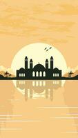 Mosque Silhouette with Mountains and Sunset in the Background vector