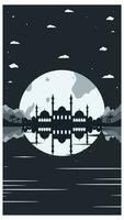 Mosque Silhouette with Mountains and Full Moon in the Background vector