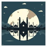 Mosque Silhouette with Mountains and Full Moon in the Background vector