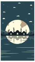 Mosque Silhouette with Mountains and Full Moon in the Background vector