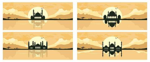 Collection of Mosque Silhouette with Mountains and Sunset in the Background vector