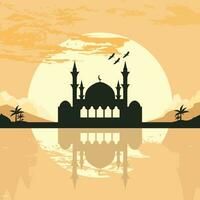 Mosque Silhouette with Mountains and Sunset in the Background vector