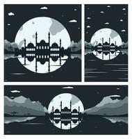 Collection of Mosque Silhouette Backgrounds with Mountains and Full Moon in the Background vector