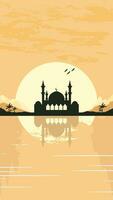 Mosque Silhouette with Mountains and Sunset in the Background vector