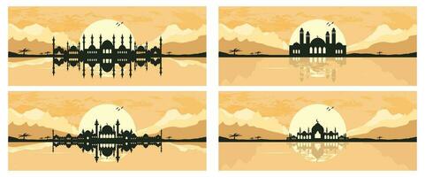 Collection of Mosque Silhouette with Mountains and Sunset in the Background vector