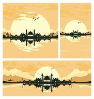 Collection of Mosque Silhouette with Mountains and Sunset in the Background vector