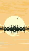 Mosque Silhouette with Mountains and Sunset in the Background vector