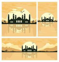 Collection of Mosque Silhouette with Mountains and Sunset in the Background vector